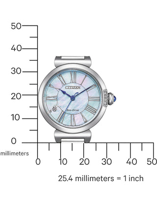 Angle shot of Citizen EM1060-87N Blue Dial Rose Gold Stainless Steel Womens Watch on white background