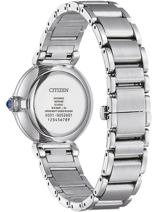 Angle shot of Citizen EM1060-87N Blue Dial Rose Gold Stainless Steel Womens Watch on white background