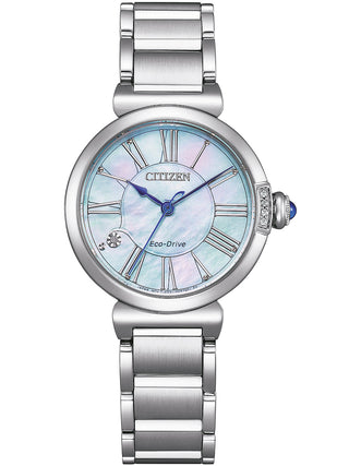 Front view of Citizen EM1060-87N Blue Dial Rose Gold Stainless Steel Womens Watch on white background
