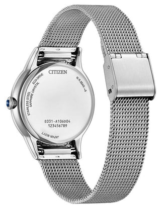 Angle shot of Citizen EM1150-86D Mother Of Pearl Dial Silver Stainless Steel Womens Watch on white background