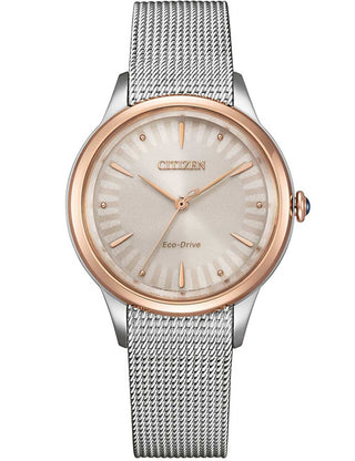 Front view of Citizen EM1156-80X Silver Stainless Steel Womens Watch on white background