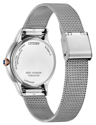 Angle shot of Citizen EM1156-80X Silver Stainless Steel Womens Watch on white background