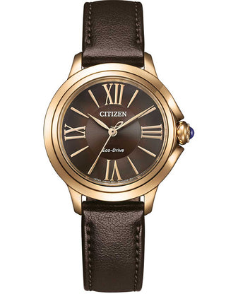 Front view of Citizen EM1163-09X Brown Leather Womens Watch on white background