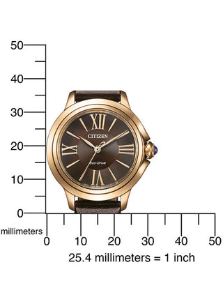Angle shot of Citizen EM1163-09X Brown Leather Womens Watch on white background