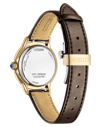 Angle shot of Citizen EM1163-09X Brown Leather Womens Watch on white background