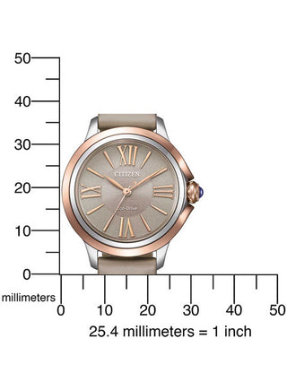 Angle shot of Citizen EM1166-01Z Beige Leather Womens Watch on white background