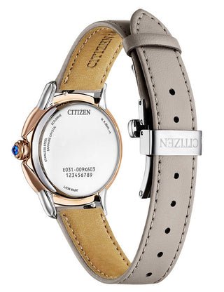 Angle shot of Citizen EM1166-01Z Beige Leather Womens Watch on white background
