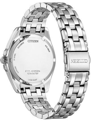 Angle shot of Citizen EO1210-83A White Dial Silver Stainless Steel Womens Watch on white background