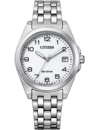 Front view of Citizen EO1210-83A White Dial Silver Stainless Steel Womens Watch on white background