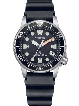 Front view of Citizen Promaster Diver'S Professional Certificate Iso EO2020-08E Black Silicone Womens Watch on white background