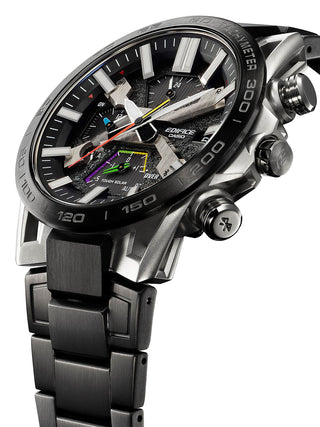 Angle shot of Casio Racing Multicolor EQB-2000DC-1AER Black Stainless Steel Unisex Watch on white background