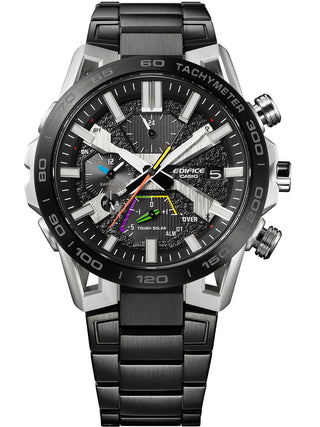 Angle shot of Casio Racing Multicolor EQB-2000DC-1AER Black Stainless Steel Unisex Watch on white background