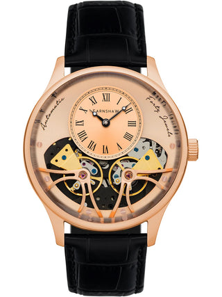 Front view of Thomas Earnshaw ES-8179-0A Rose Gold Dial Black Leather Unisex Watch on white background