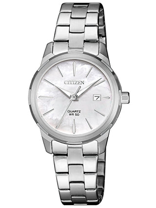 Front view of Citizen Basic EU6070-51D Mother Of Pearl Dial Grey Stainless Steel Womens Watch on white background