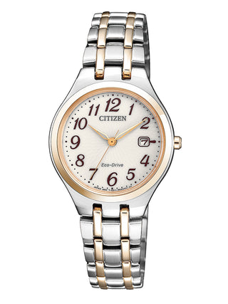 Front view of Citizen EW2486-87A White Dial Rose Gold Stainless Steel Womens Watch on white background