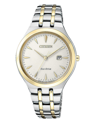 Angle shot of Citizen EW2494-89B White Dial Gold Stainless Steel Womens Watch on white background