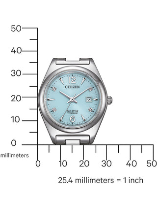 Angle shot of Citizen EW2601-81M Blue Dial Silver Titanium Womens Watch on white background