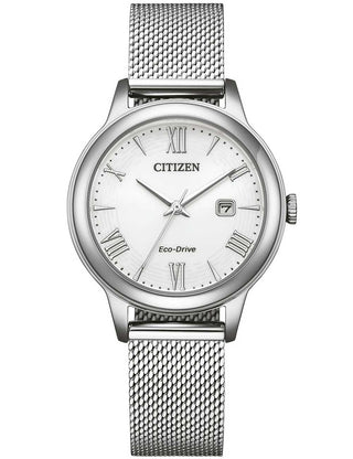 Front view of Citizen EW2621-75A White Dial Silver Stainless Steel Womens Watch on white background