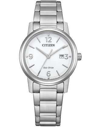 Front view of Citizen EW2720-57A White Dial Silver Stainless Steel Womens Watch on white background