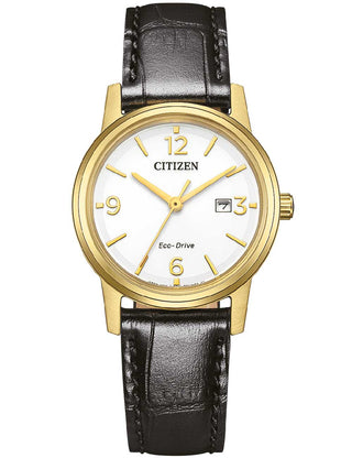 Front view of Citizen EW2722-01A White Dial Black Leather Womens Watch on white background