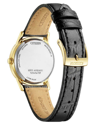 Angle shot of Citizen EW2722-01A White Dial Black Leather Womens Watch on white background