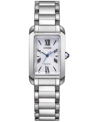 Front view of Citizen EW5620-55A White Dial Silver Stainless Steel Womens Watch on white background