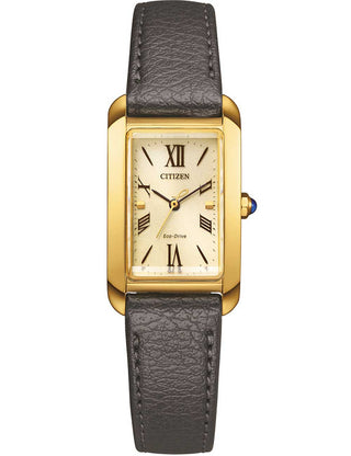 Front view of Citizen EW5622-09P Gold Dial Brown Leather Womens Watch on white background