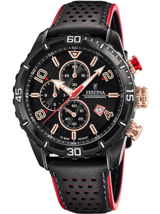 Front view of Festina Chronograph F20519/4 Black Leather Unisex Watch on white background