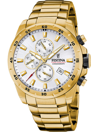 Front view of Festina Chronograph F20541/1 Silver Dial Gold Stainless Steel Unisex Watch on white background