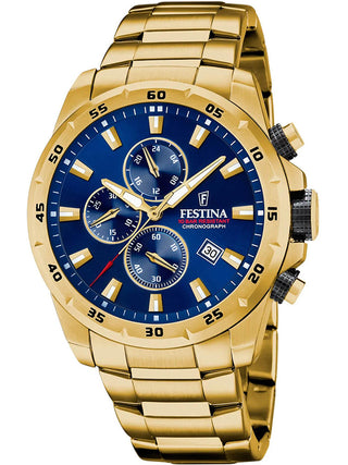 Front view of Festina Chronograph F20541/2 Blue Dial Gold Stainless Steel Unisex Watch on white background