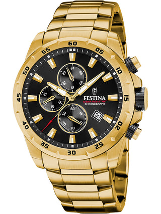 Front view of Festina Chronograph F20541/4 Black Dial Gold Stainless Steel Unisex Watch on white background