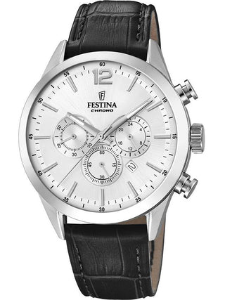 Front view of Festina Chronograph F20542/1 Silver Dial Black Leather Unisex Watch on white background