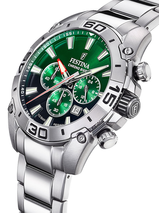 Angle shot of Festina Chronograph F20543/3 Green Dial Silver Stainless Steel Unisex Watch on white background