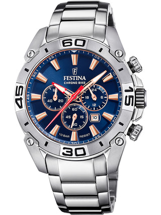 Front view of Festina Chronograph F20543/4 Blue Dial Silver Stainless Steel Unisex Watch on white background