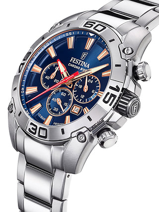 Angle shot of Festina Chronograph F20543/4 Blue Dial Silver Stainless Steel Unisex Watch on white background