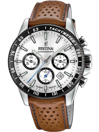 Front view of Festina Chronograph F20561/1 Silver Dial Brown Leather Unisex Watch on white background