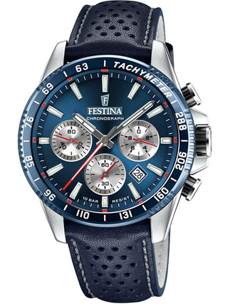 Front view of Festina Chronograph F20561/2 Blue Leather Unisex Watch on white background