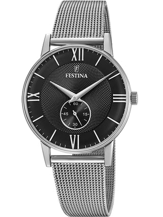 Front view of Festina F20568/4 Black Dial Silver Stainless Steel Unisex Watch on white background