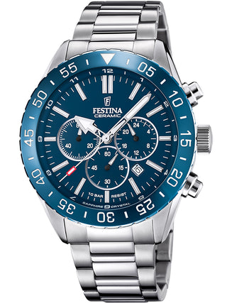 Front view of Festina Chronograph F20575/2 Blue Dial Silver Stainless Steel Unisex Watch on white background