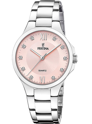 Front view of Festina F20582/2 Pink Dial Silver Stainless Steel Womens Watch on white background