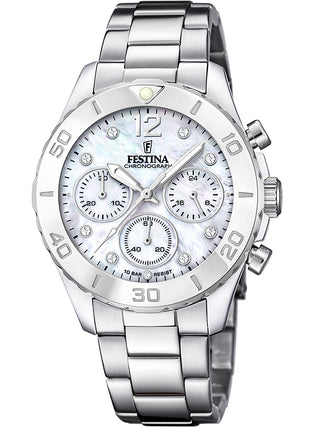 Front view of Festina Chronograph F20603/1 Mother Of Pearl Dial Silver Stainless Steel Womens Watch on white background