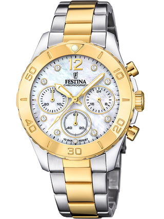 Front view of Festina Chronograph F20604/1 Mother Of Pearl Dial Gold Stainless Steel Womens Watch on white background