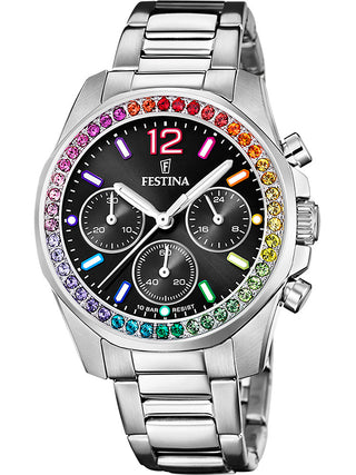 Front view of Festina Chronograph F20606/3 Black Dial Silver Stainless Steel Womens Watch on white background