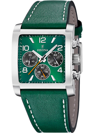 Front view of Festina Chronograph F20653/2 Green Leather Unisex Watch on white background