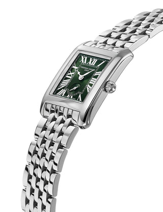 Angle shot of Frederique Constant FC-235GR2C6B Green Dial Silver Stainless Steel Womens Watch on white background