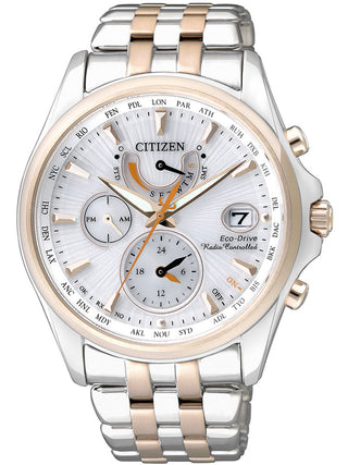 Front view of Citizen FC0014-54A White Dial Rose Gold Stainless Steel Womens Watch on white background