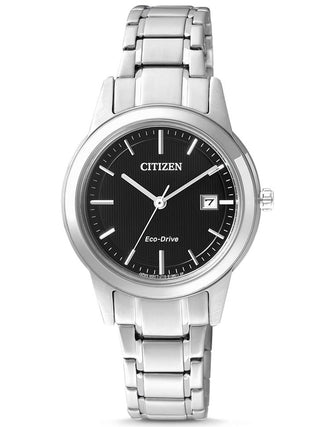 Front view of Citizen FE1081-59E Black Dial Silver Stainless Steel Womens Watch on white background