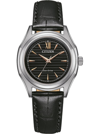 Front view of Citizen FE2110-14E Black Leather Womens Watch on white background