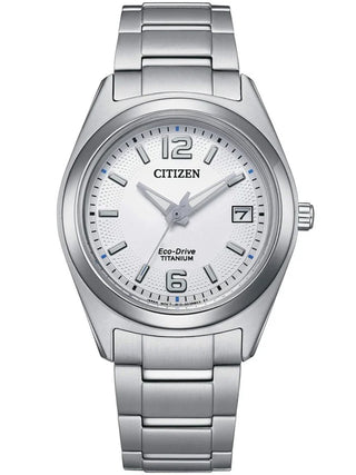 Front view of Citizen FE6151-82A White Dial Silver Titanium Womens Watch on white background