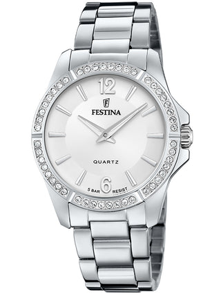 Front view of Festina F20593/1 Silver Stainless Steel Womens Watch on white background